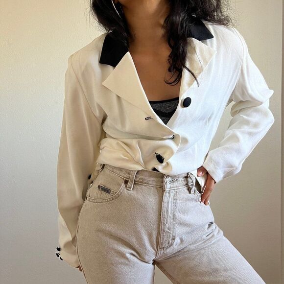 vtg 80s‎ white and black classic long formal blazer 5 button retro size 12 - Picture 9 of 9